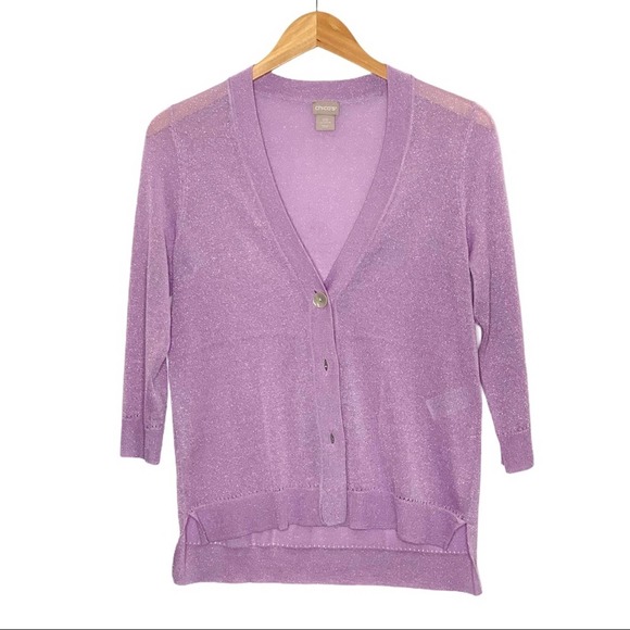 Chico’s Lilac Pastel Metallic 3/4 Sleeve Cardigan Sweater - Picture 2 of 11